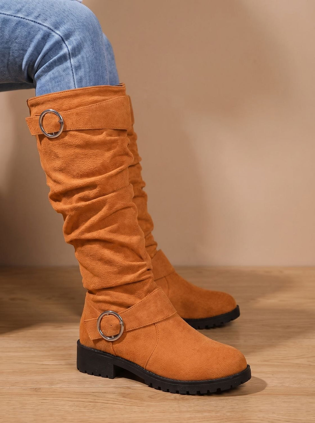 Women's Slouchy Suede Knee-High Block Heel Boots in Orange