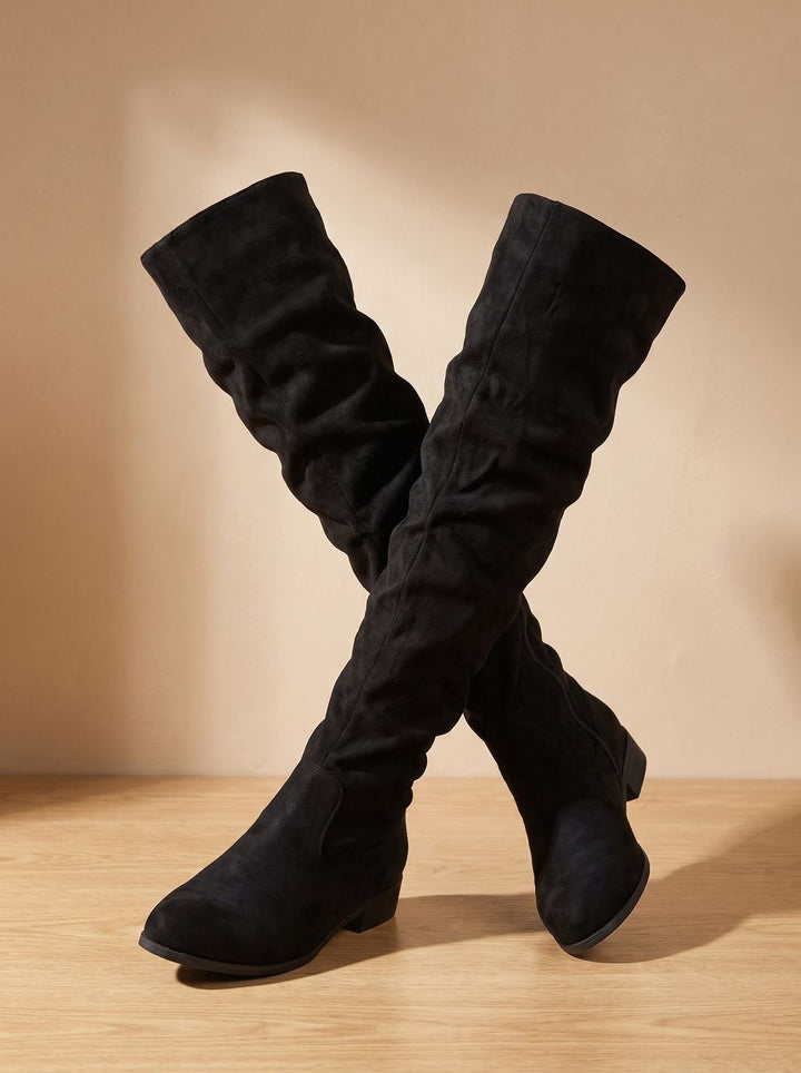 Women's Slouchy Suede-Style Knee High Boots in Black