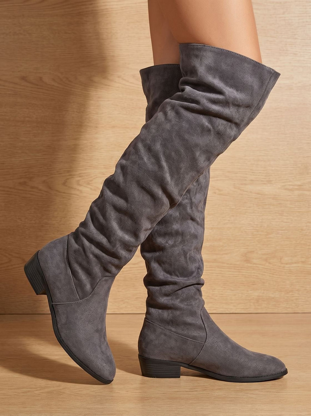 Women's Slouchy Suede-Style Knee High Boots in Grey