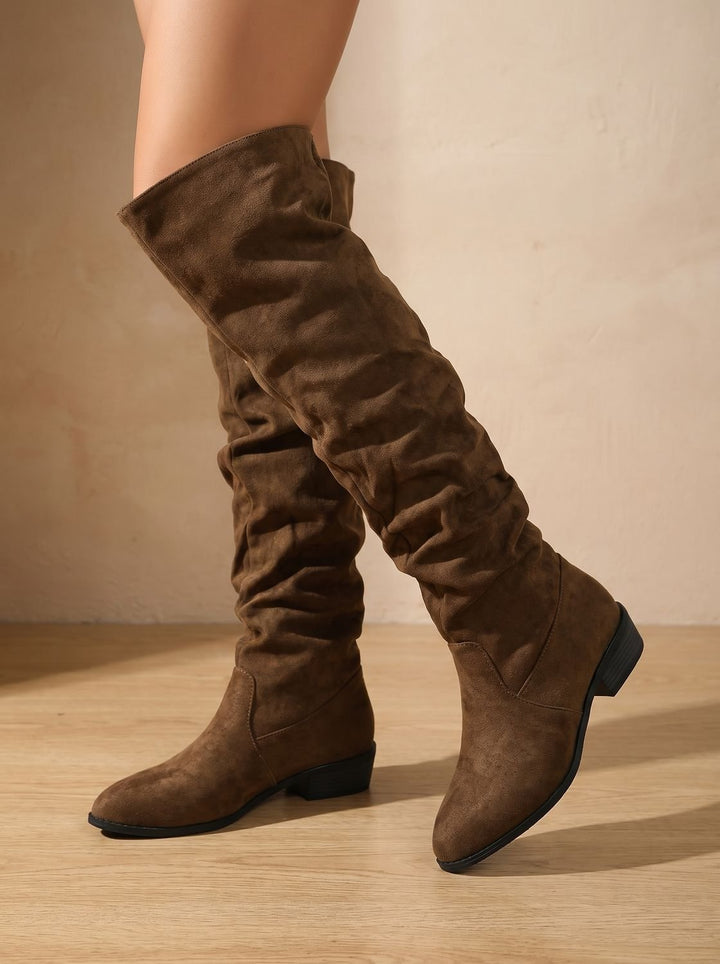 Women's Slouchy Suede-Style Knee High Boots in Khaki