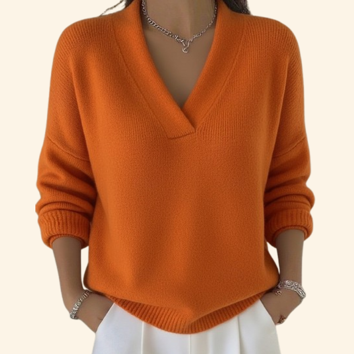 Women's Soft Elegant V-Neck Sweater in Orange