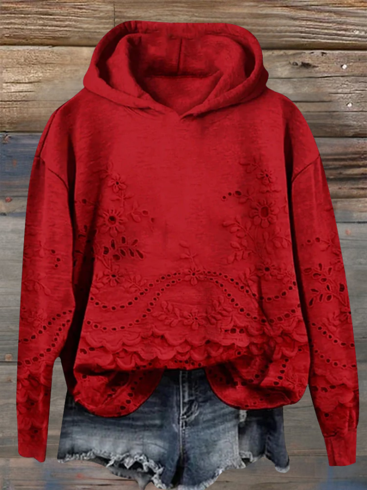 Women's Soft Floral Long Sleeve Hoodie in Red