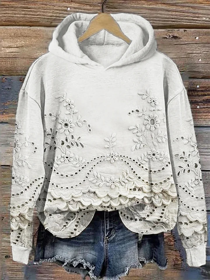 Women's Soft Floral Long Sleeve Hoodie in White