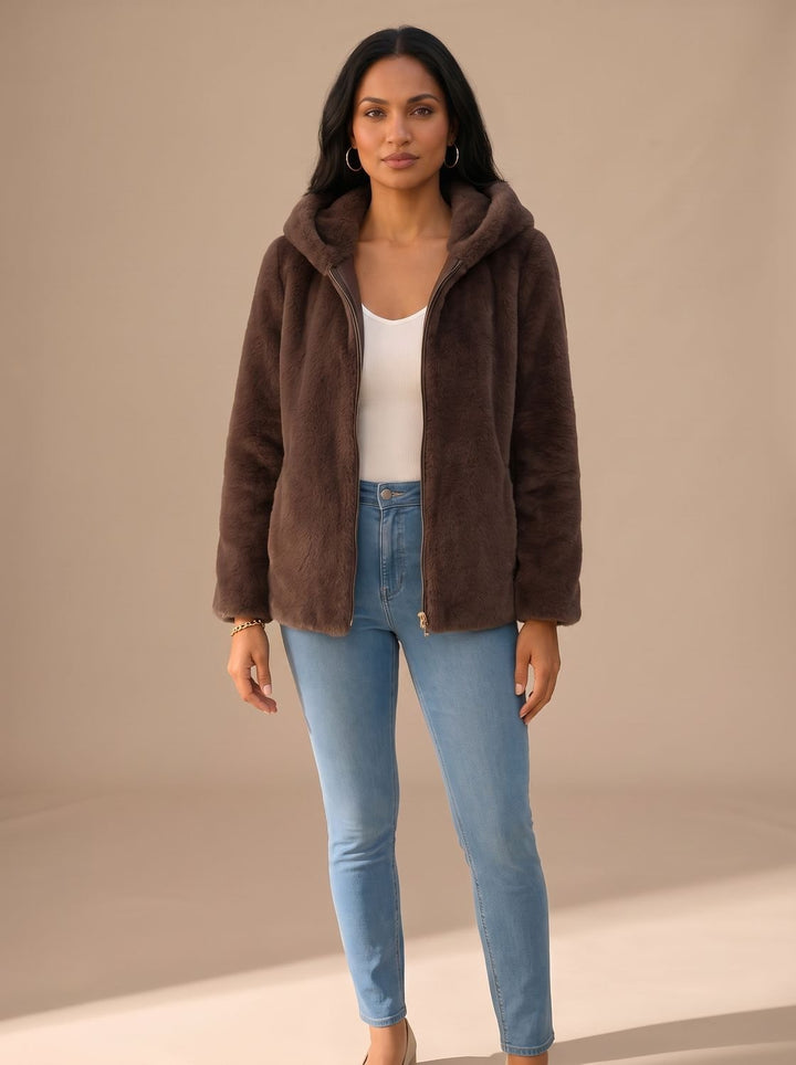 Women's Soft Hooded Winter Trench Coat in Brown
