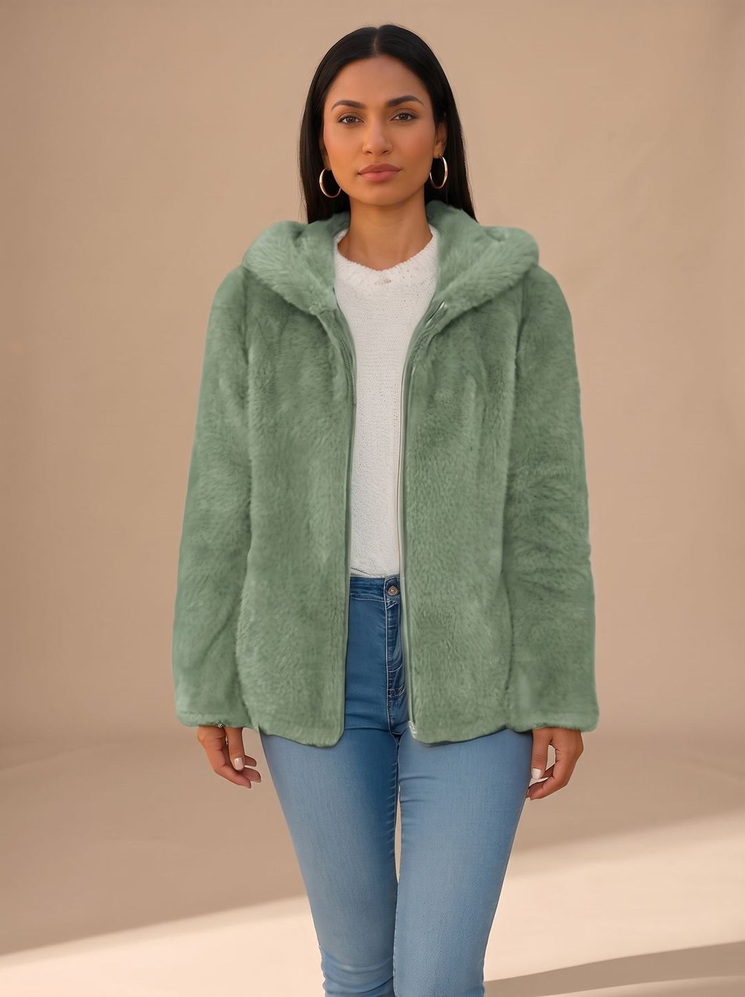 Women's Soft Hooded Winter Trench Coat in Green