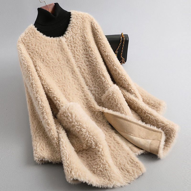 Women's Soft Shearling Trench Coat for Winter in Khaki Beige