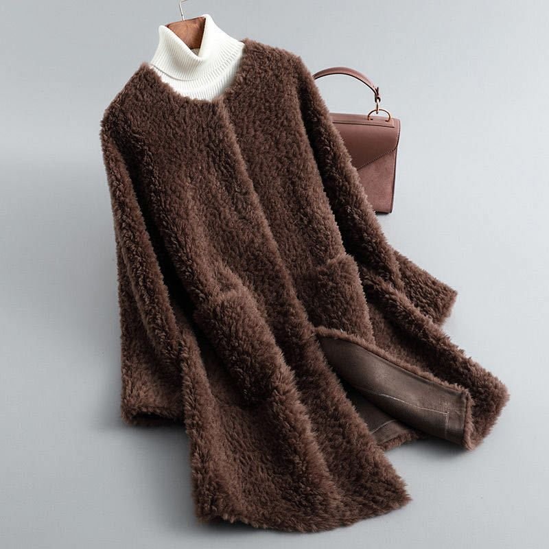 Women's Soft Shearling Trench Coat for Winter in Mocha Brown