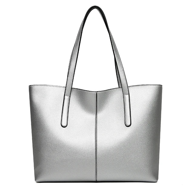 Women's Spacious Leather Tote Bag for Work in Silver-coloured