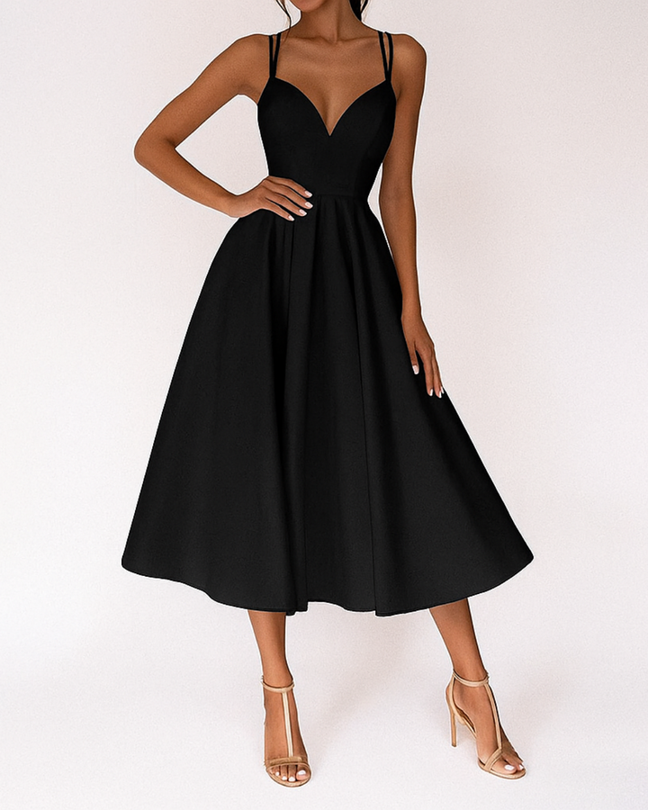 Women's Strappy Midi Dress for Fall Weddings in Black