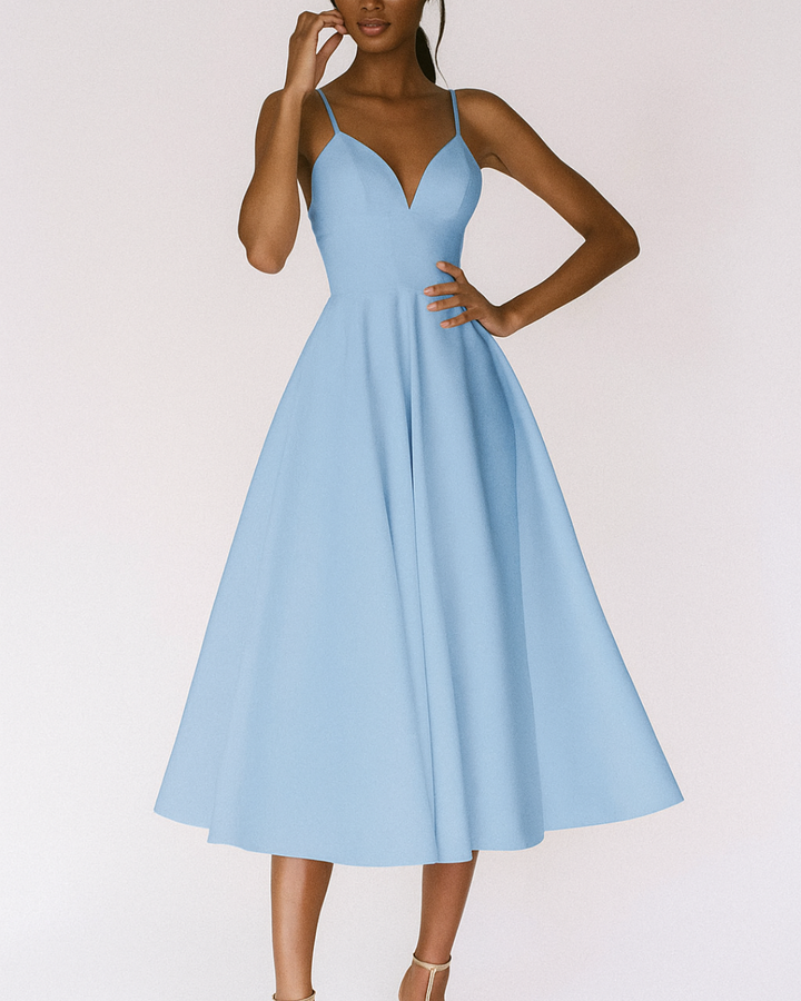 Women's Strappy Midi Dress for Fall Weddings in Blue