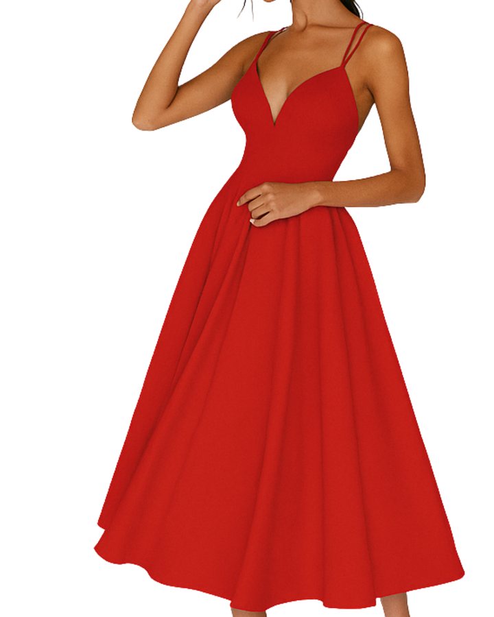 Women's Strappy Midi Dress for Fall Weddings in Red