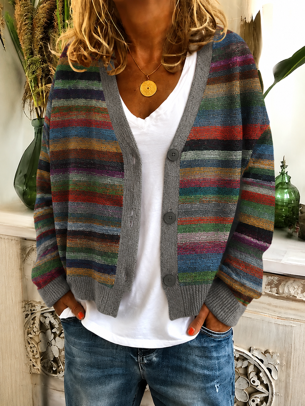 Women's Striped Knit Cardigan for Autumn (2)