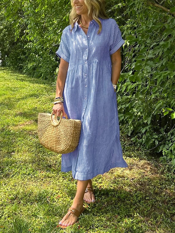 Women's Striped Midi Beach Dress for Summer in Blue