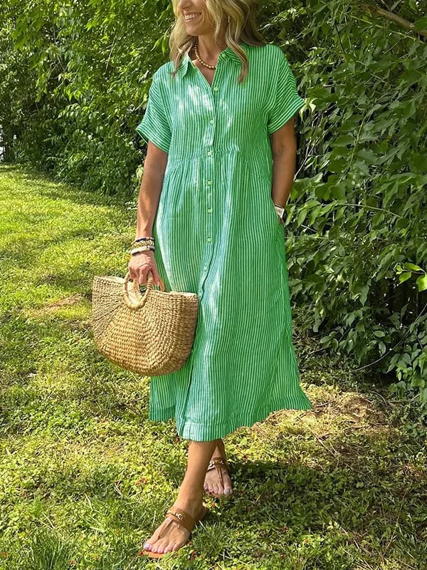 Women's Striped Midi Beach Dress for Summer in Green