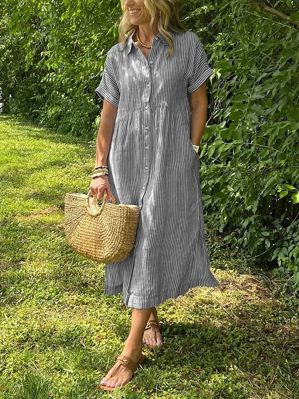 Women's Striped Midi Beach Dress for Summer in Grey