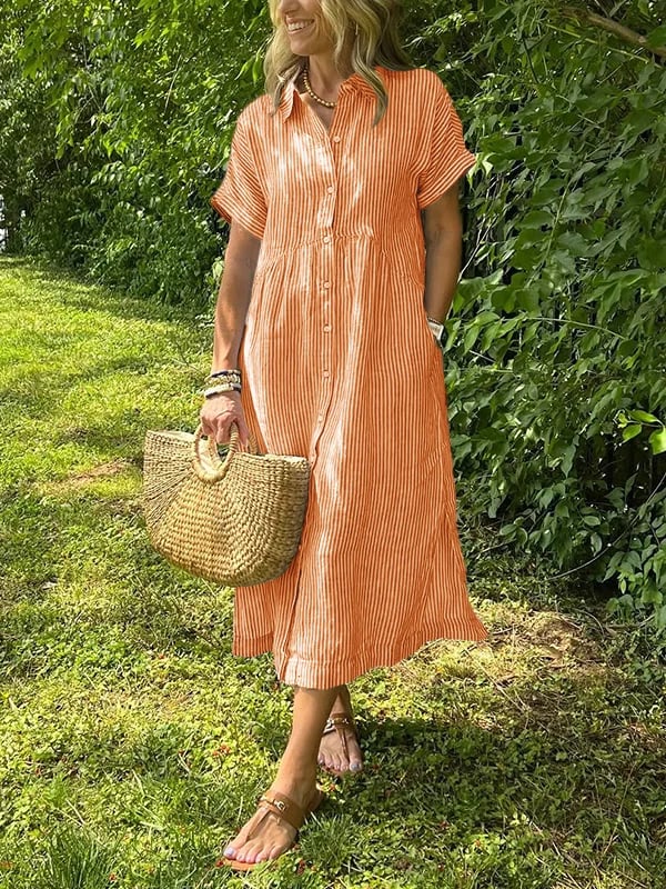 Women's Striped Midi Beach Dress for Summer in Orange