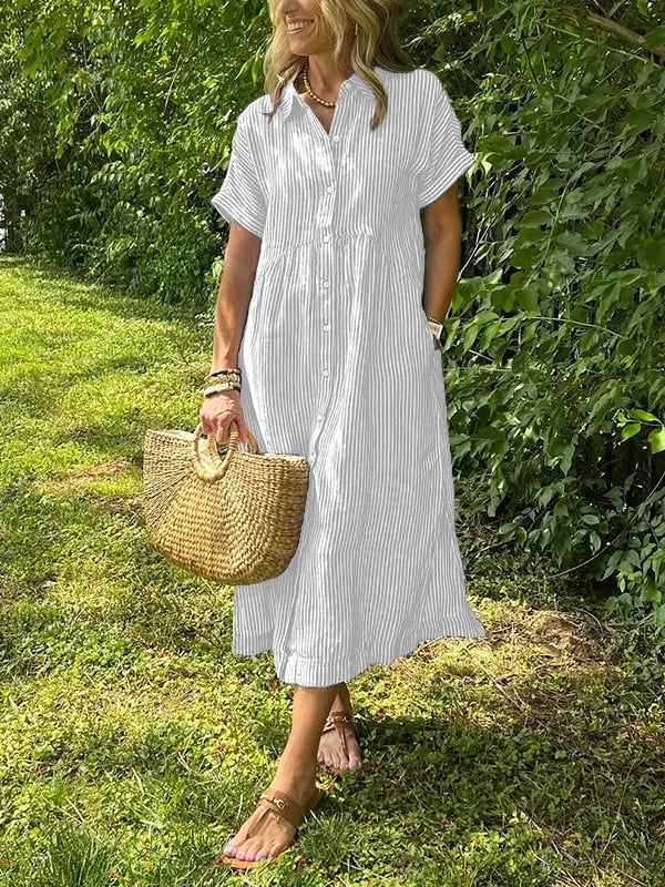 Women's Striped Midi Beach Dress for Summer in White