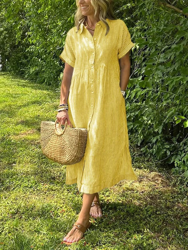 Women's Striped Midi Beach Dress for Summer in Yellow