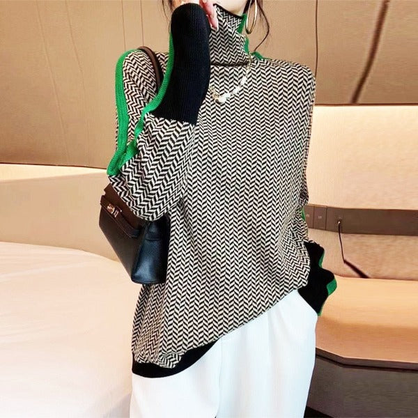 Women's Striped Turtleneck Pullover in Green