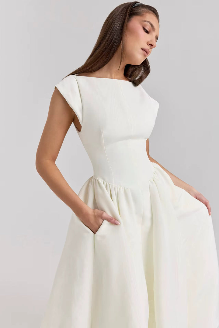 Women's Structured Cap Sleeve Midi Dress for Wedding Guests (2)