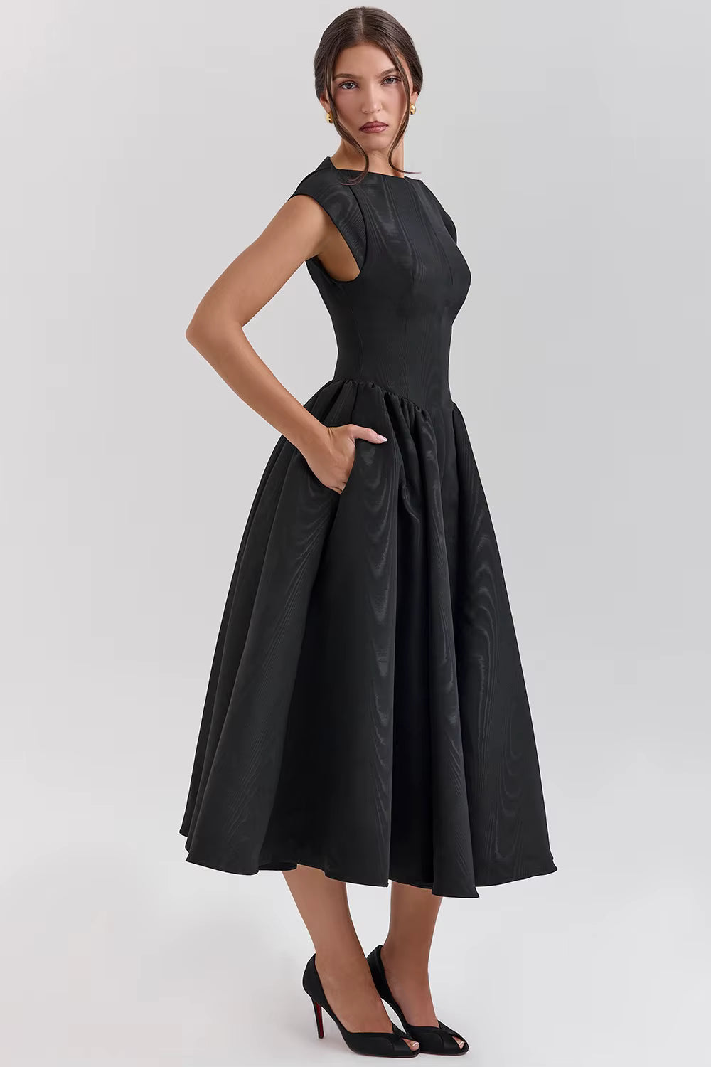 Women's Structured Cap Sleeve Midi Dress for Wedding Guests in Black