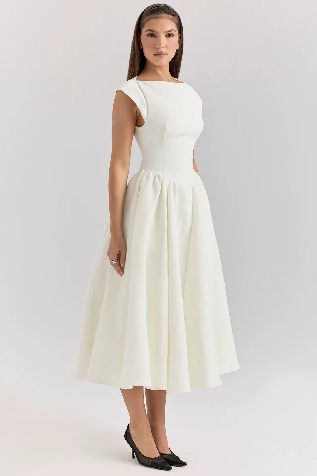 Women's Structured Cap Sleeve Midi Dress for Wedding Guests in White