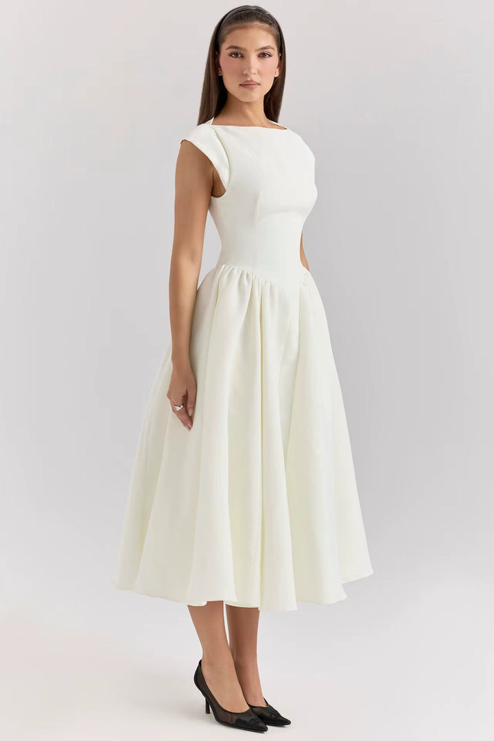 Women's Structured Cap Sleeve Midi Dress for Wedding Guests in White
