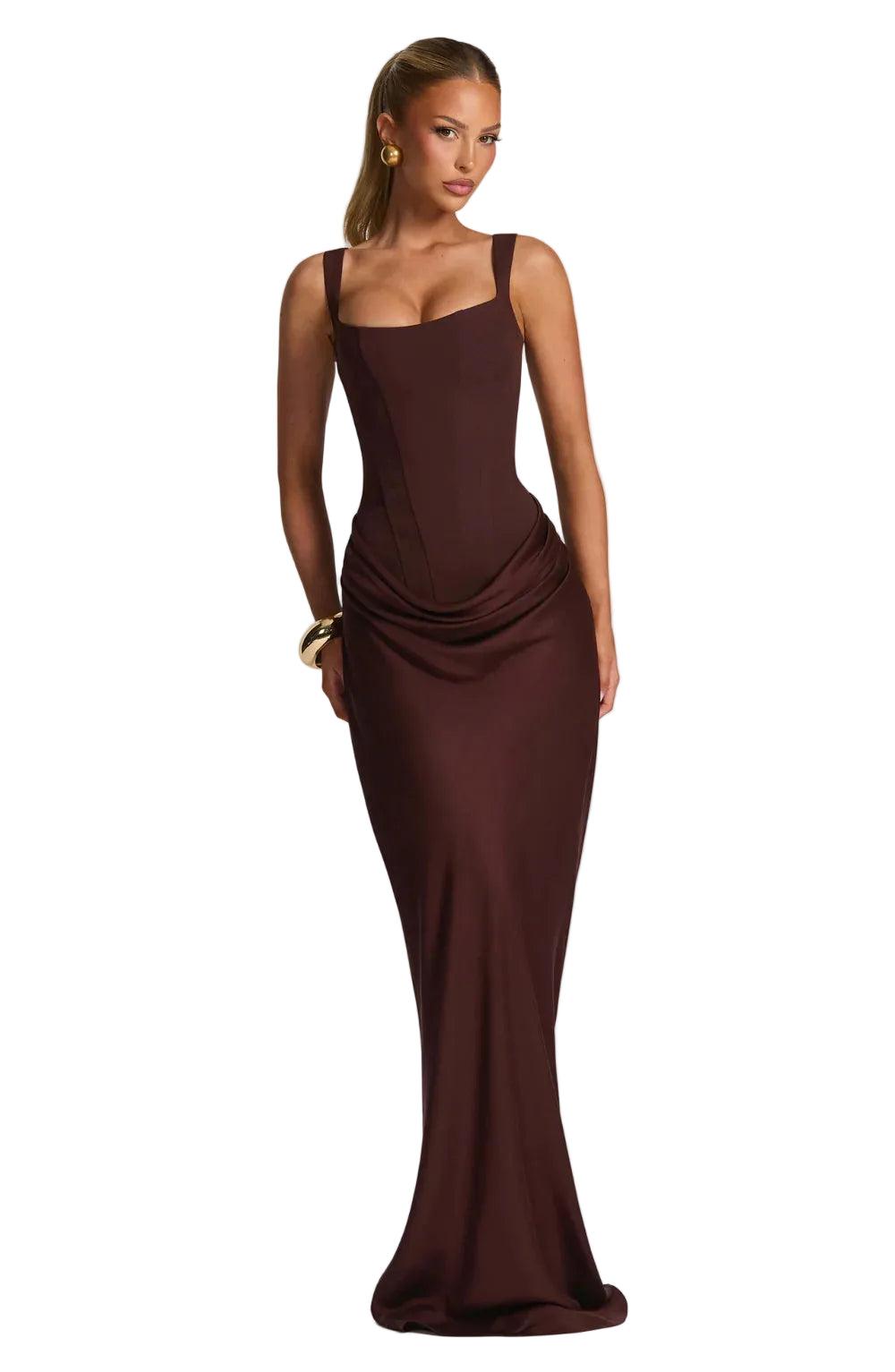 Women's Structured Maxi Party Dress for Autumn in Light Brown