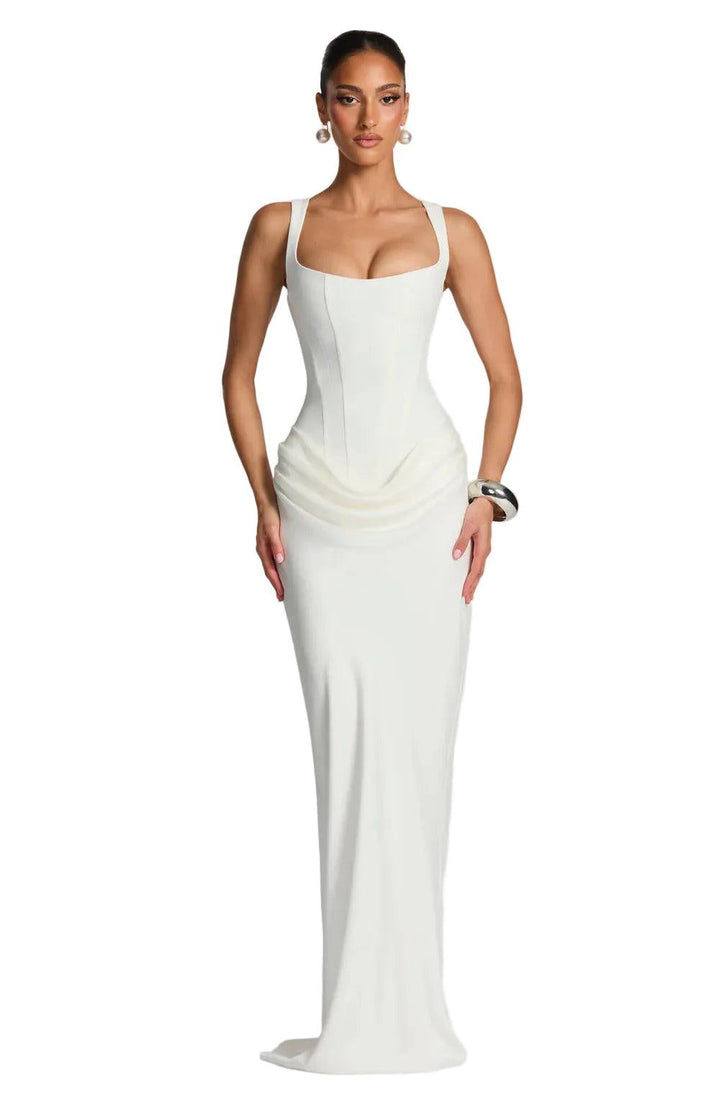 Women's Structured Maxi Party Dress for Autumn in White