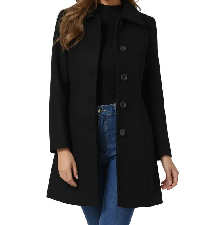 Women's Structured Midi Coat with Button Front in Black