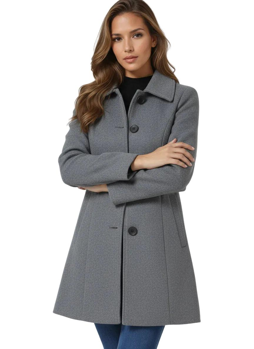 Women's Structured Midi Coat with Button Front in Light Grey