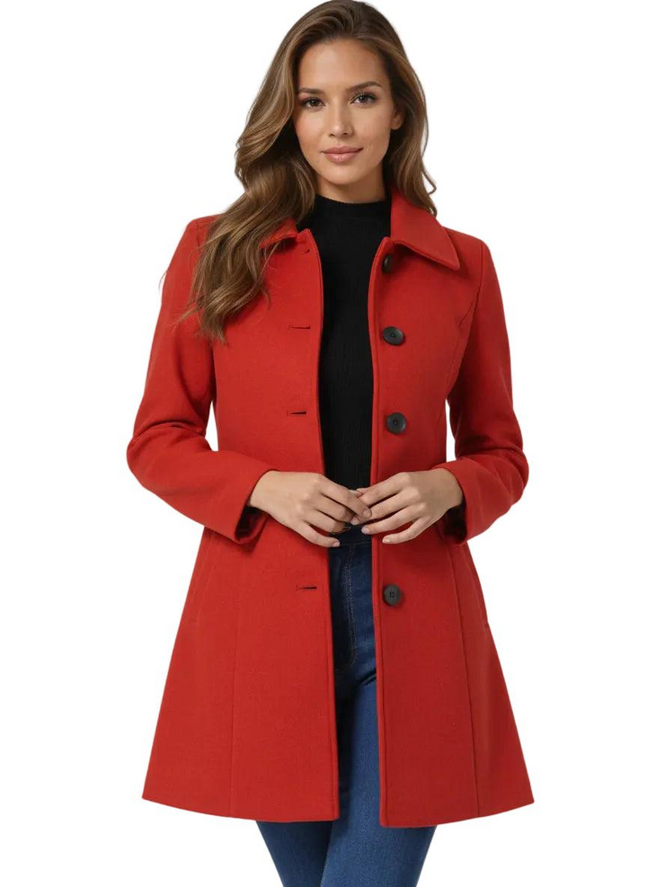 Women's Structured Midi Coat with Button Front in Red