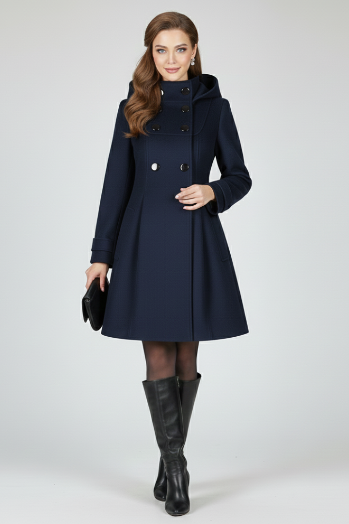 Women's Structured Trench Coat with Hood in Navy Blue