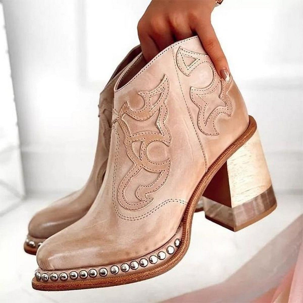 Women's Studded Western Ankle Boots Block Heel (6)