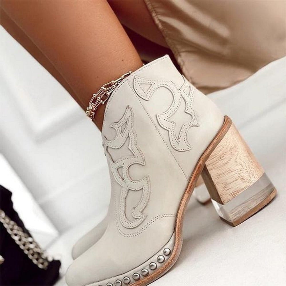 Women's Studded Western Ankle Boots Block Heel (7)