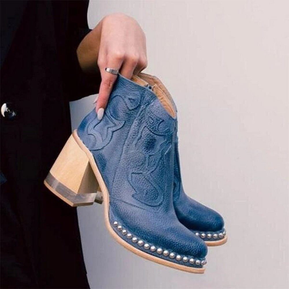 Women's Studded Western Ankle Boots Block Heel in Capri Blue
