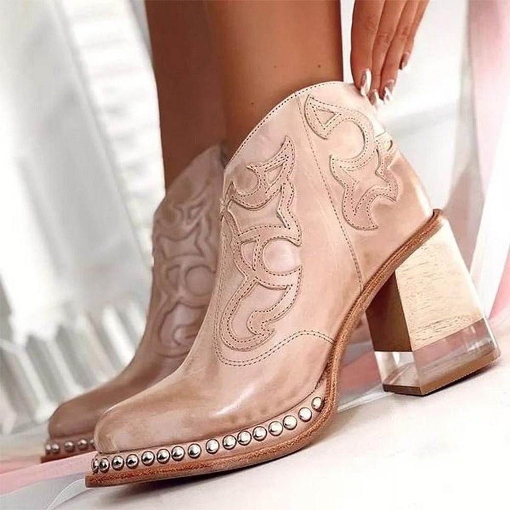 Women's Studded Western Ankle Boots Block Heel in Dune Pink