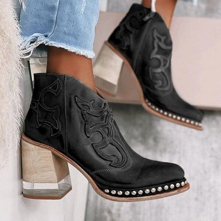 Women's Studded Western Ankle Boots Block Heel in Santafe Black
