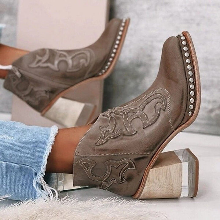 Women's Studded Western Ankle Boots Block Heel in Texan Brown