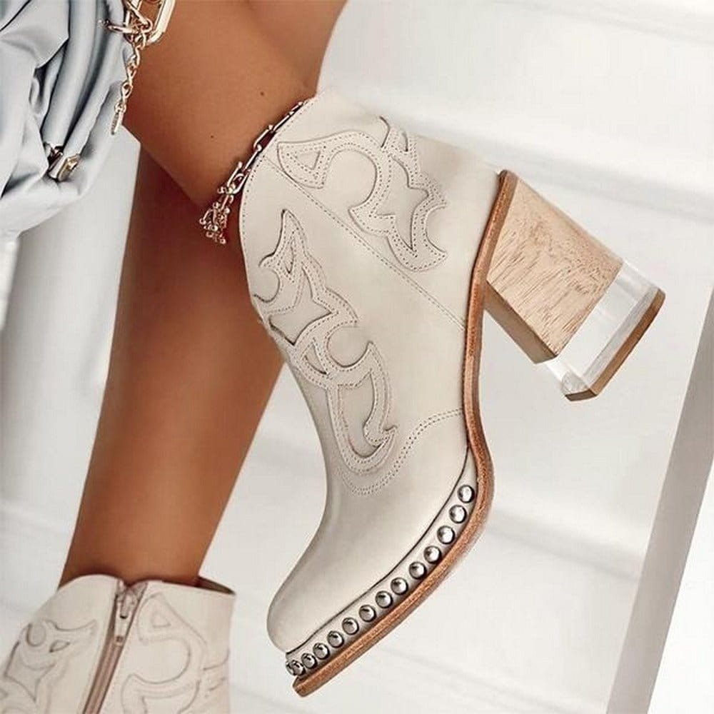 Women's Studded Western Ankle Boots Block Heel in Vegas White