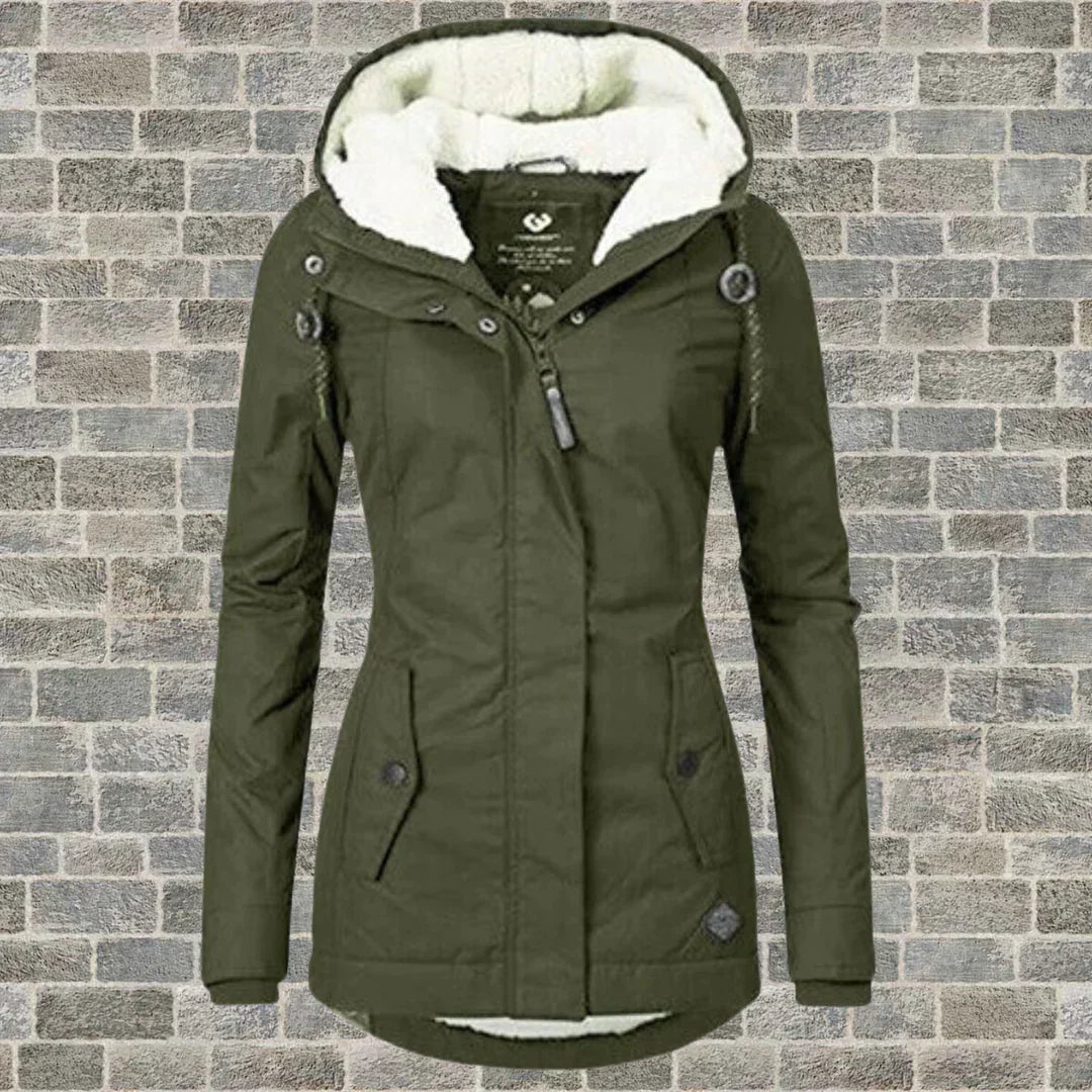Women's Stylish Warm Winter Coat with Hood in Army grün