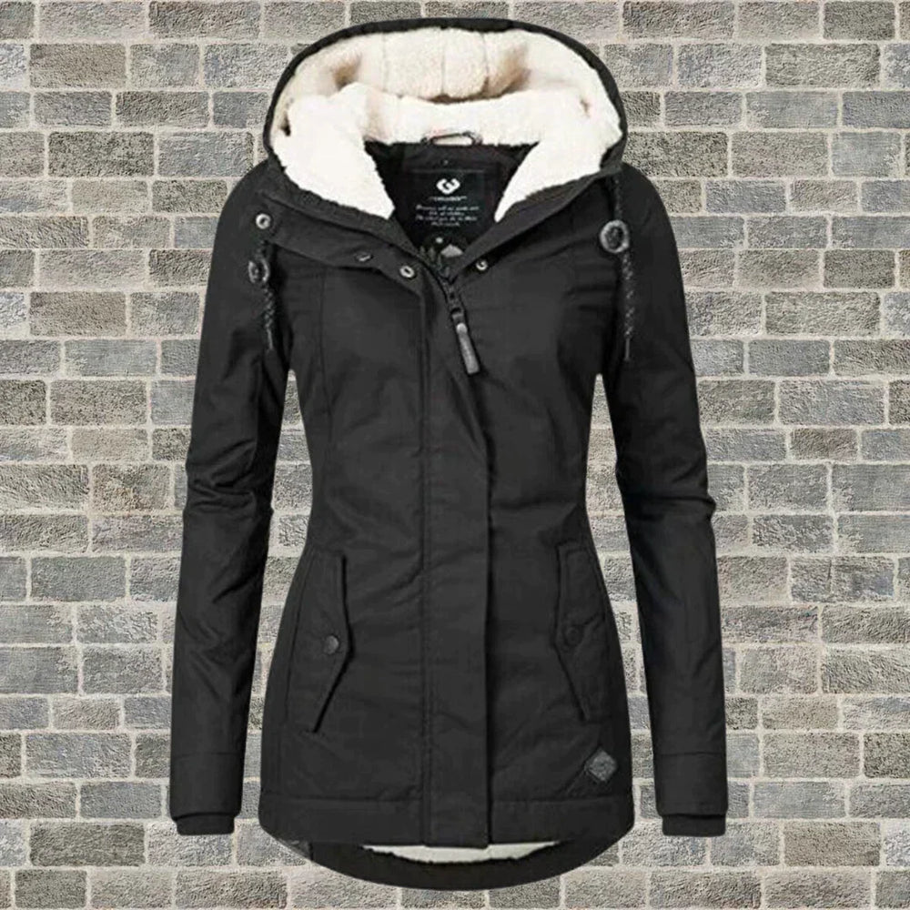 Women's Stylish Warm Winter Coat with Hood in Sort
