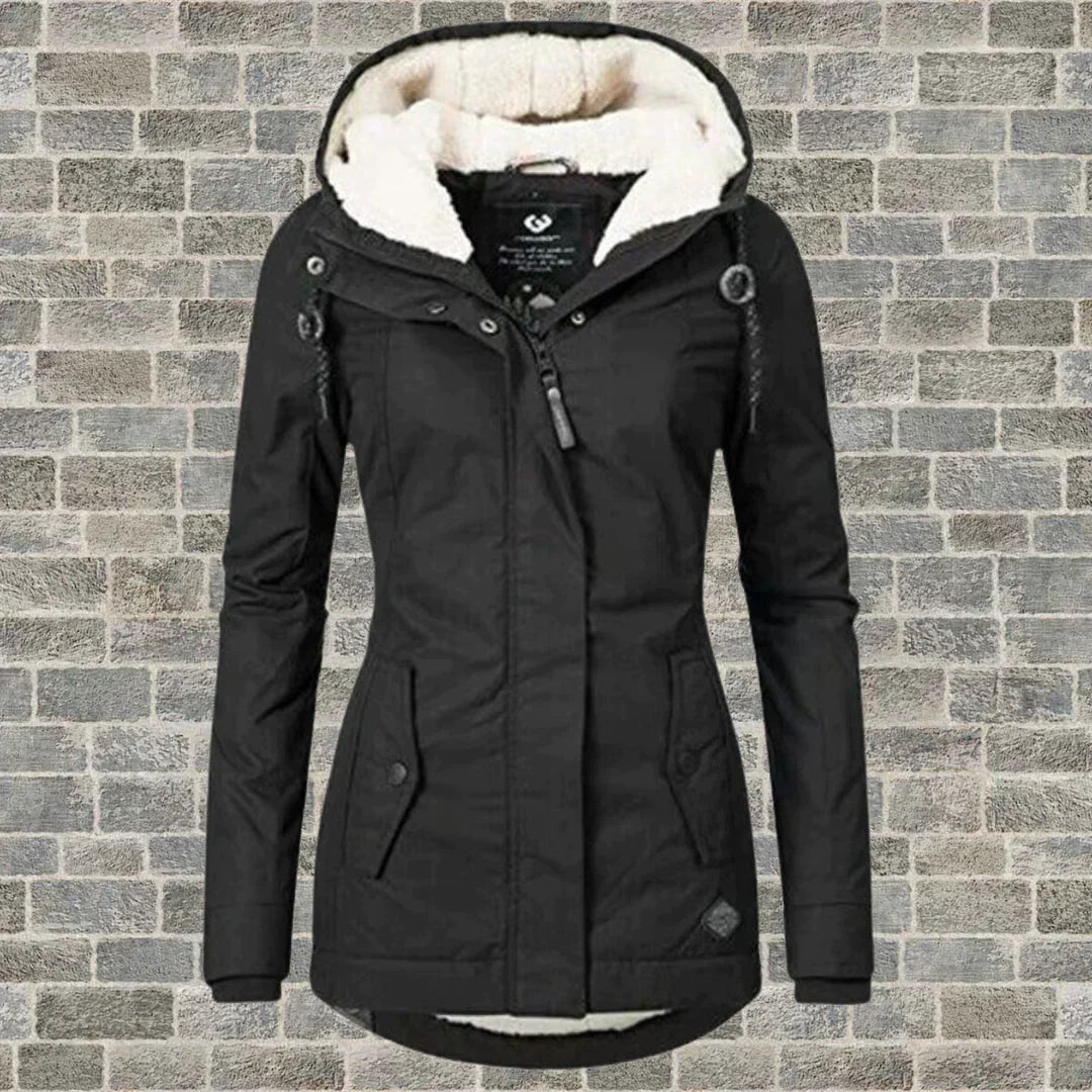 Women's Stylish Warm Winter Coat with Hood in Sort