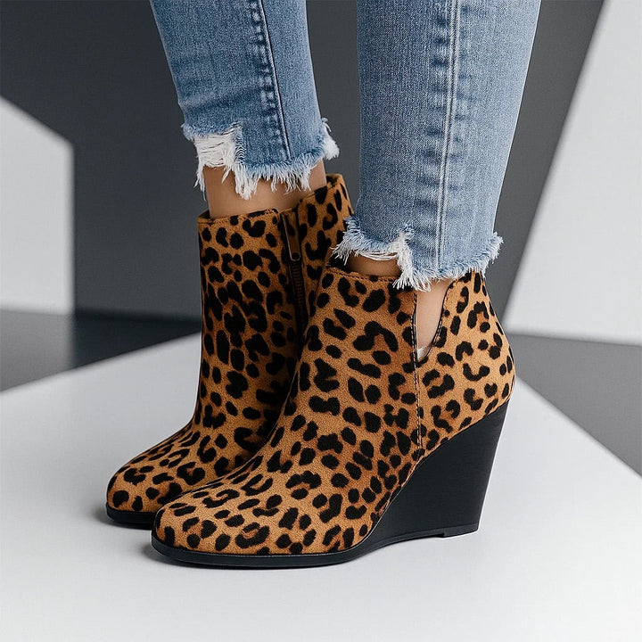 Women's Suede Autumn Boots with Wedge Heel in Brown with Leopard Print