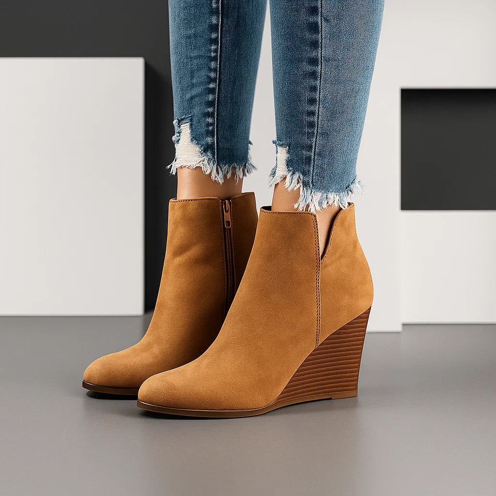 Women's Suede Autumn Boots with Wedge Heel in Khaki