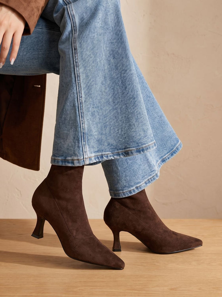 Women's Suede Pointed-Toe Kitten Heel Ankle Boots in Brown