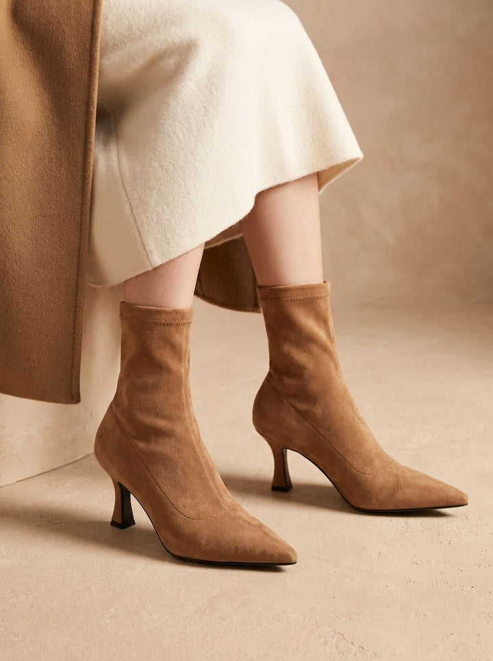 Women's Suede Pointed-Toe Kitten Heel Ankle Boots in Khaki