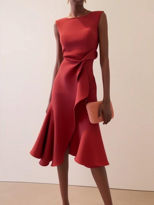 Women's Summer Asymmetric Midi Dress in Red
