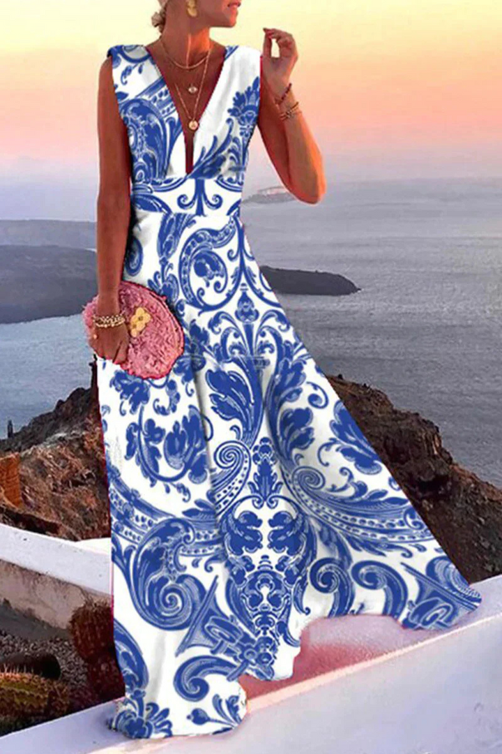 Women's Summer Maxi Dress for Wedding Guests in Blue-White