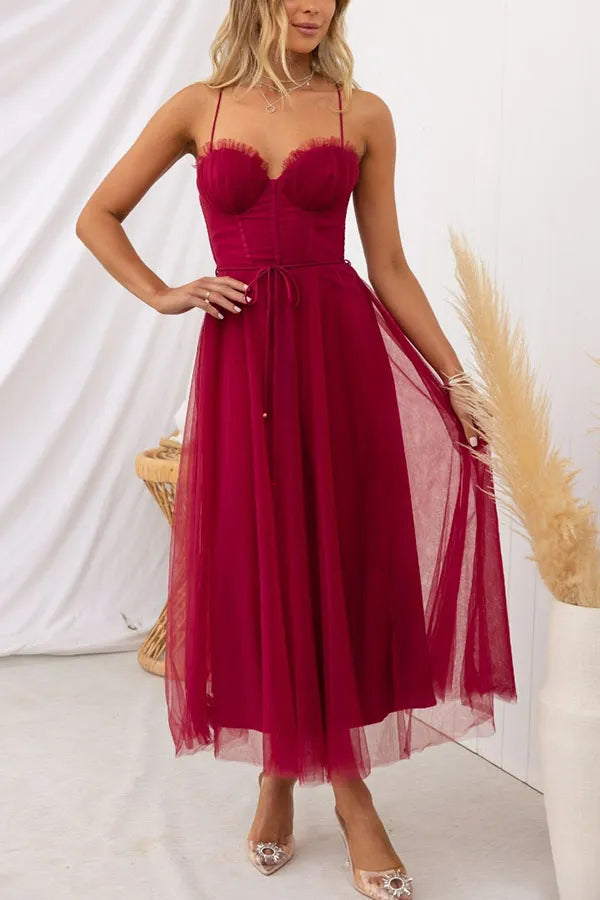 Women's Summer Midi Dress for Wedding Guests in Czerwony wino